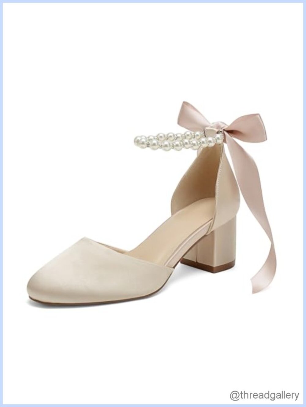 Women's Satin Round Toe Chunky Block Heel Ankle Strap Pearl Bridal Pumps